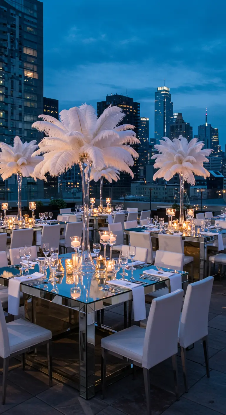 Mesas de espejo en una azotea de noche, con centros de mesa de plumas blancas y vistas a la ciudad.