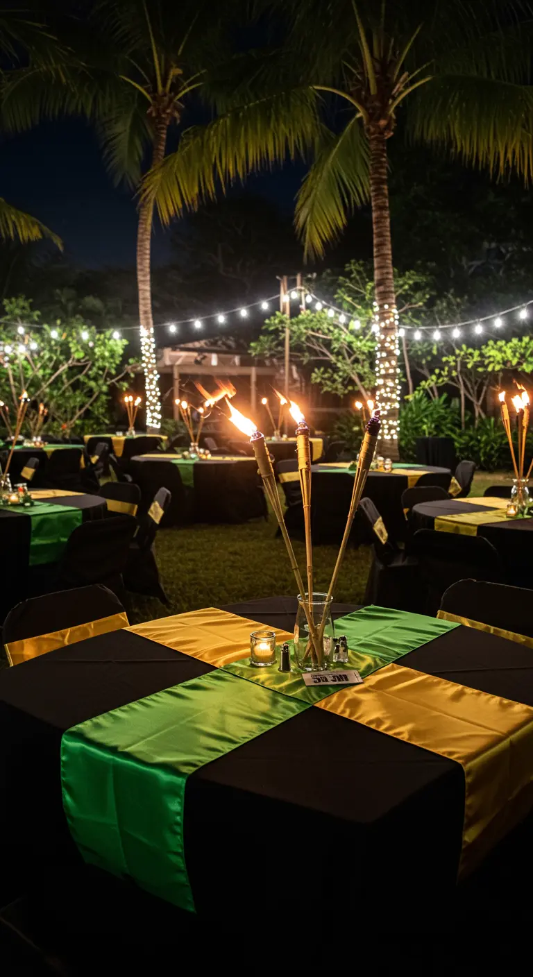 Mesa de exterior con mantel a cuadros negro, verde y amarillo, iluminada por antorchas.