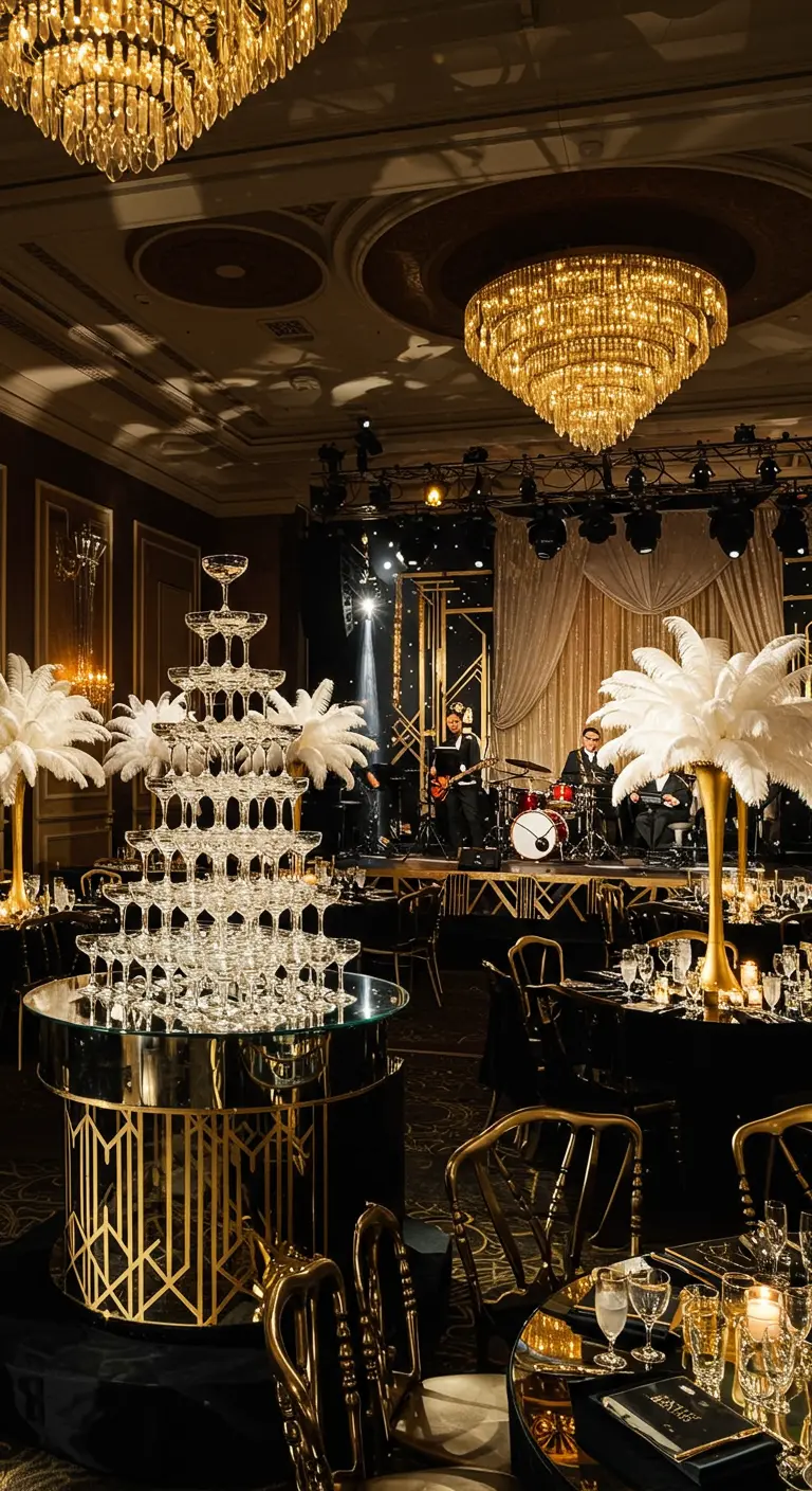 Fiesta estilo Gran Gatsby con una torre de copas de champán y centros de mesa de plumas blancas.