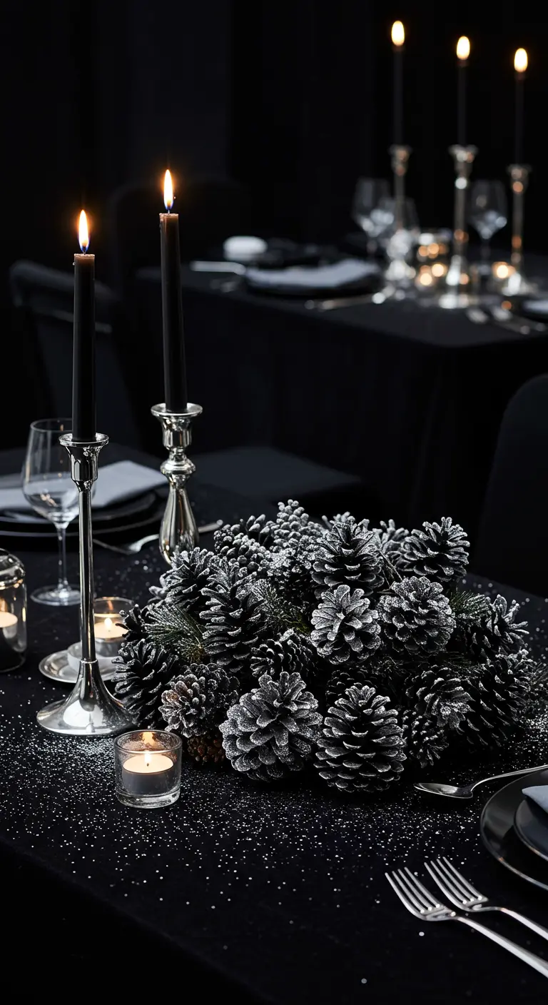 Centro de mesa de piñas negras con purpurina sobre un mantel negro, con velas negras.