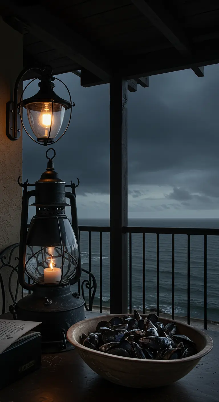 Balcón oscuro con vistas a un mar tormentoso, iluminado por un farol de petróleo y un aplique industrial.
