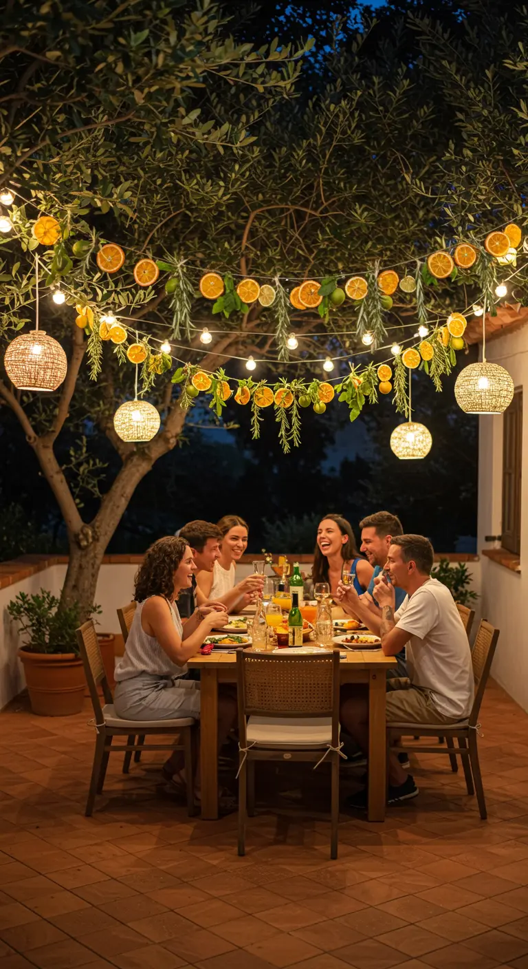 Guirnalda de rodajas de naranja y luces sobre una mesa de cena en un patio.