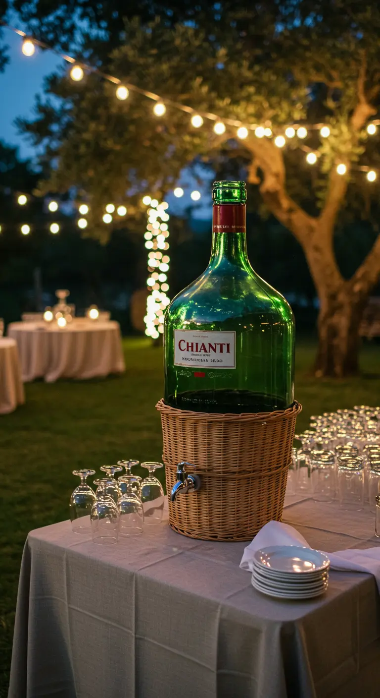 Gran botella de vino Chianti en su cesta de mimbre, convertida en dispensador para una fiesta.