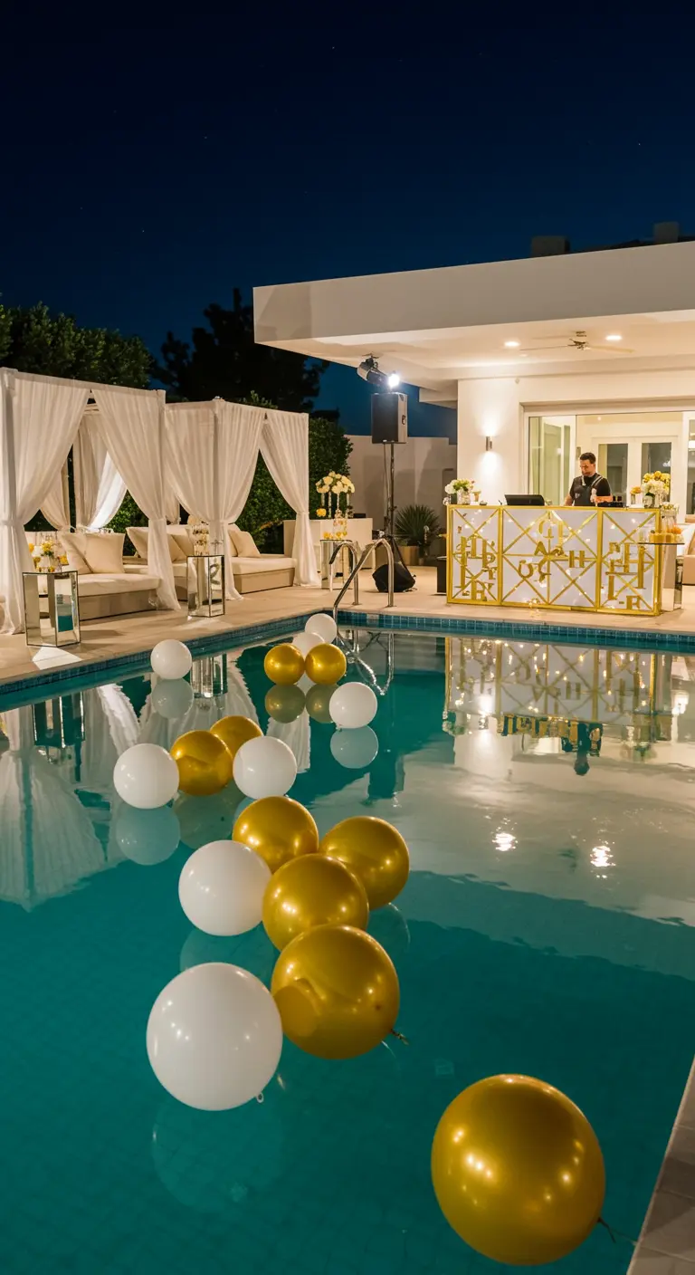 Fiesta en la piscina con globos dorados y blancos flotando en el agua por la noche.