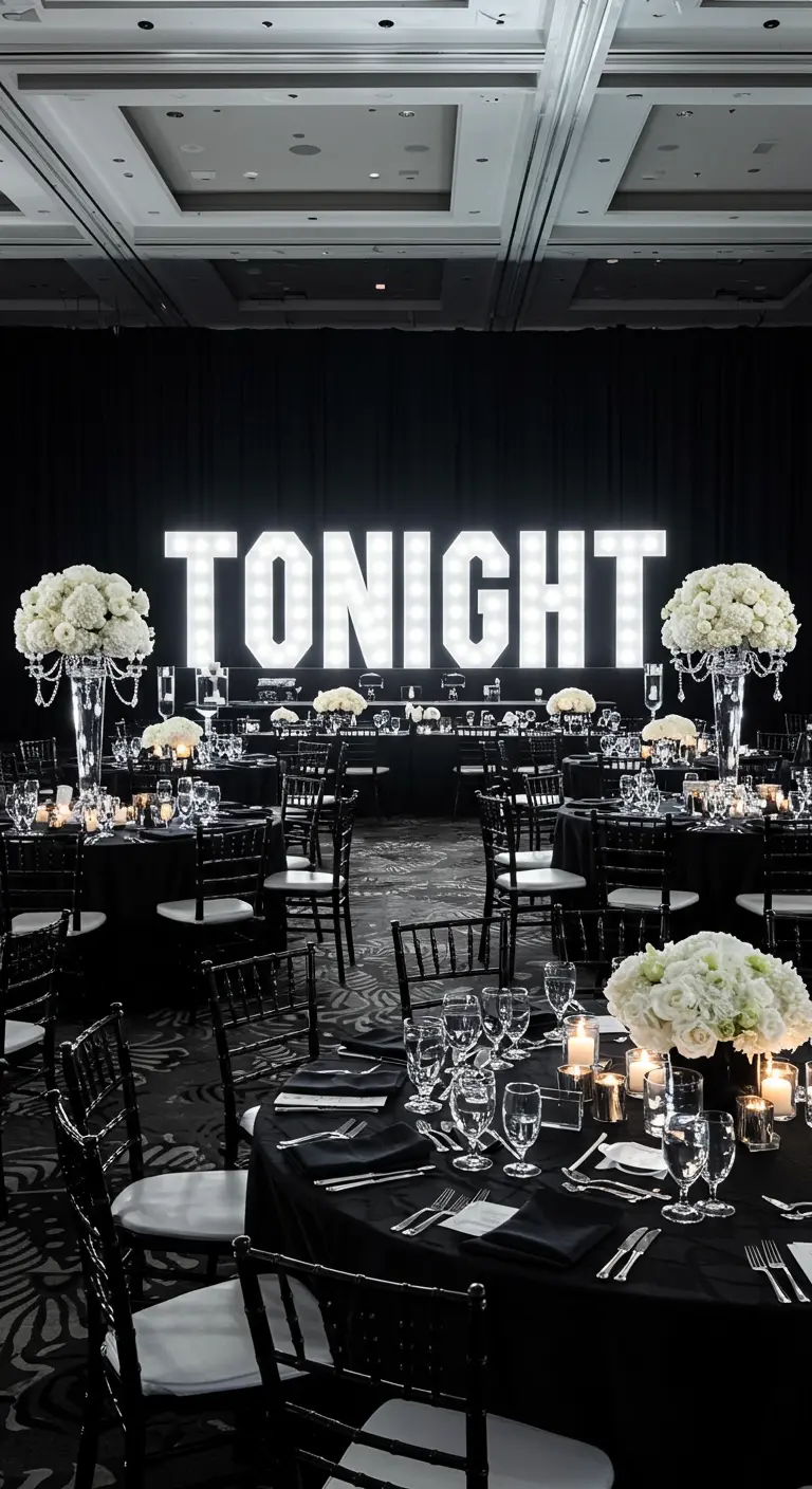 Letras 'TONIGHT' blancas e iluminadas en un elegante salón de eventos decorado en blanco y negro.