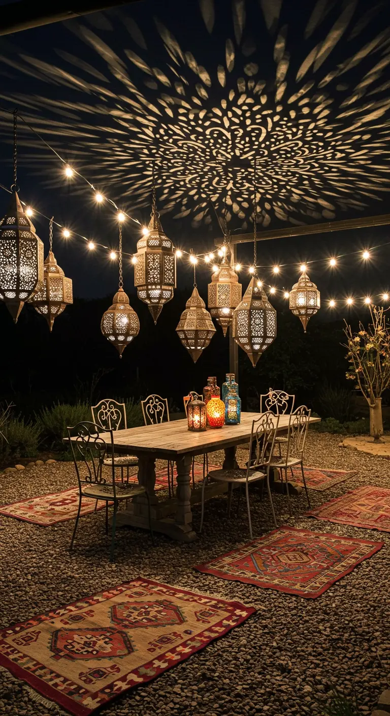 Cena nocturna al aire libre bajo un techo de faroles marroquíes que proyectan sombras sobre la mesa.