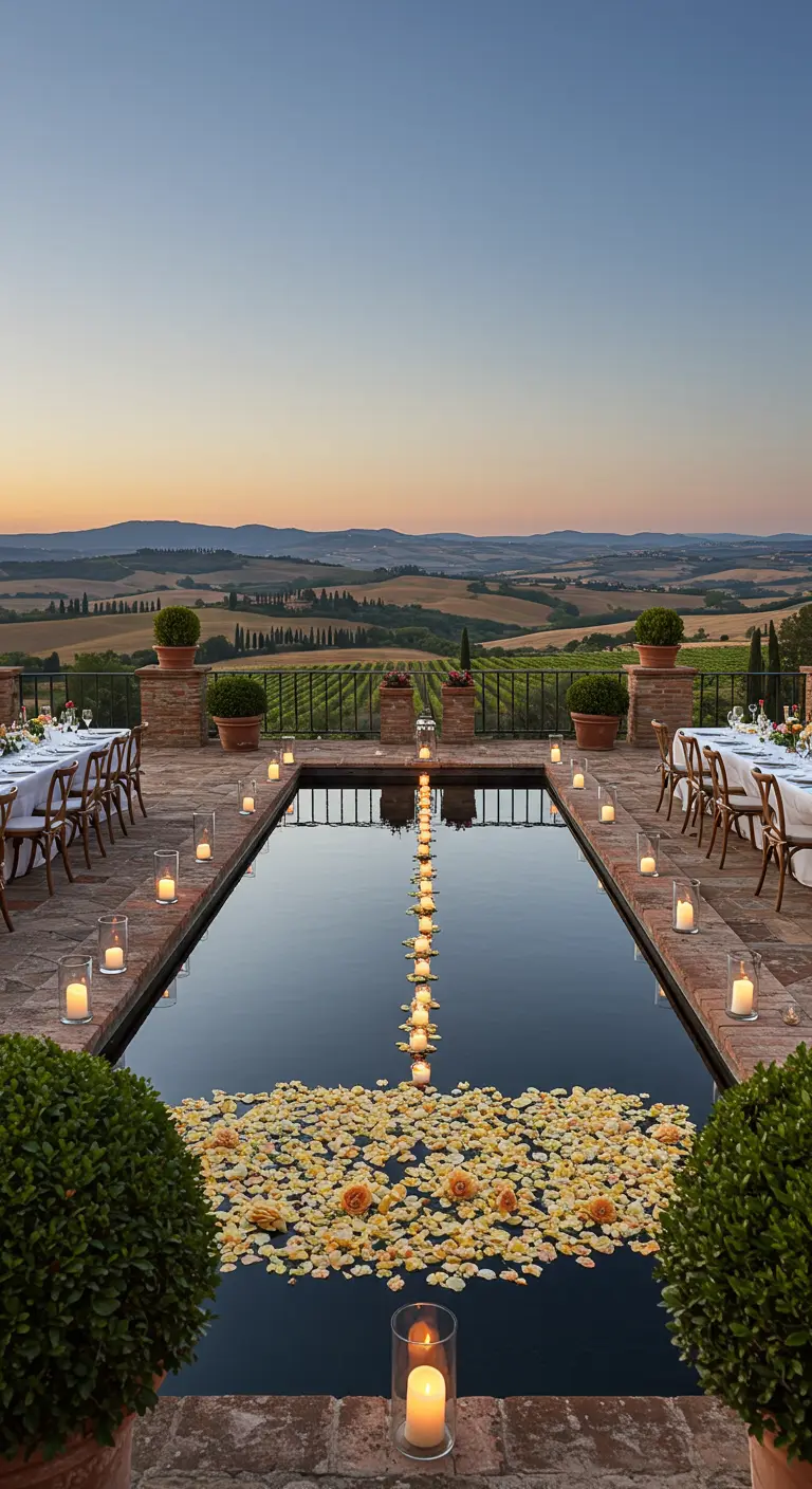 Piscina en la Toscana con velas flotantes y pétalos, con mesas para cenar alrededor.