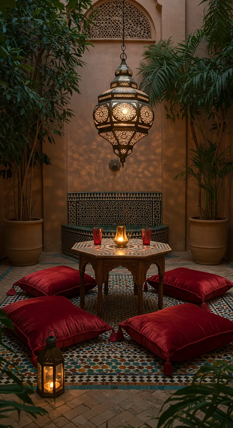 Patio marroquí con una mesa baja, cojines de terciopelo rojo en el suelo y un gran farol colgante.