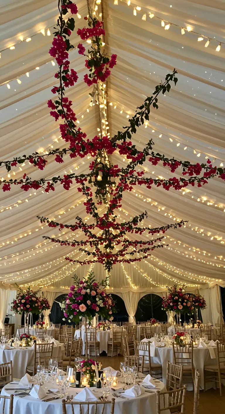 Techo de una carpa de bodas decorado con luces de hadas y enredaderas de buganvillas.
