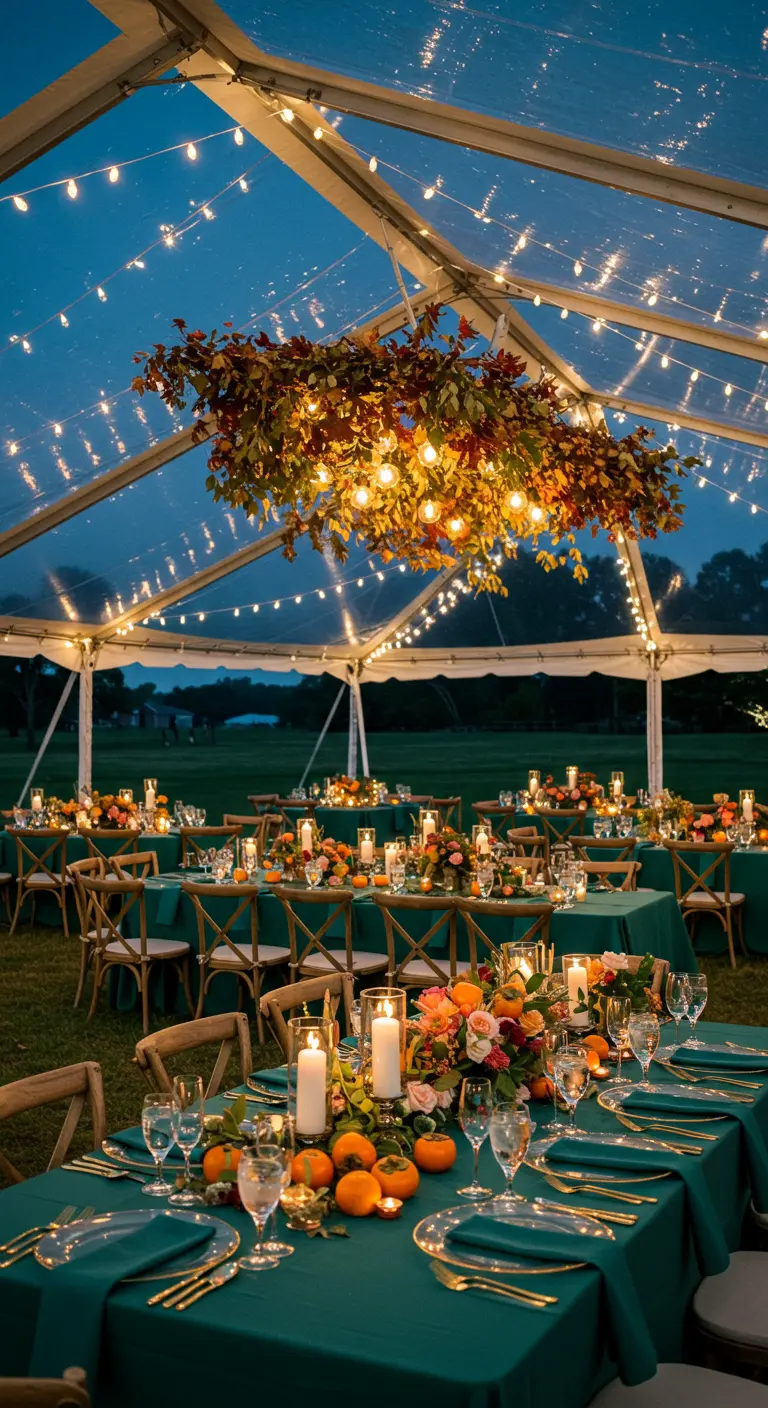Recepción de boda nocturna en una carpa transparente con decoración otoñal colgante.
