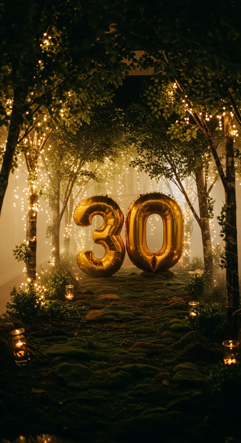 Globos dorados del número 30 en un bosque de noche iluminado con miles de luces cálidas.