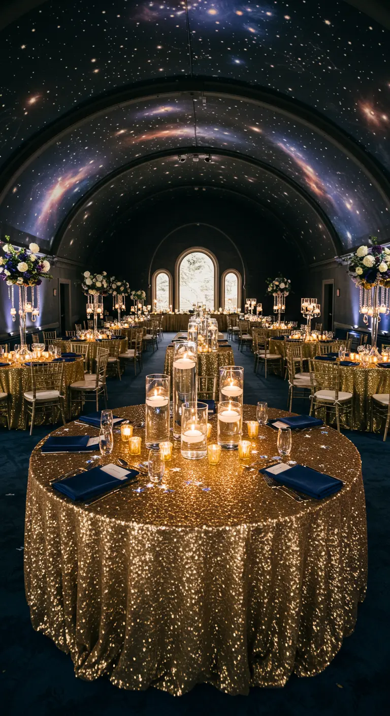 Salón de bodas oscuro con un techo que proyecta estrellas y mesas con manteles de lentejuelas doradas.