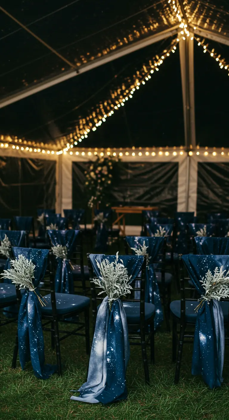 Sillas negras con tela azul con estampado de galaxia y follaje plateado.