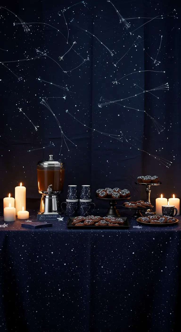 Mesa de postres con temática de cielo nocturno, mantel azul oscuro y un telón de fondo de constelaciones.