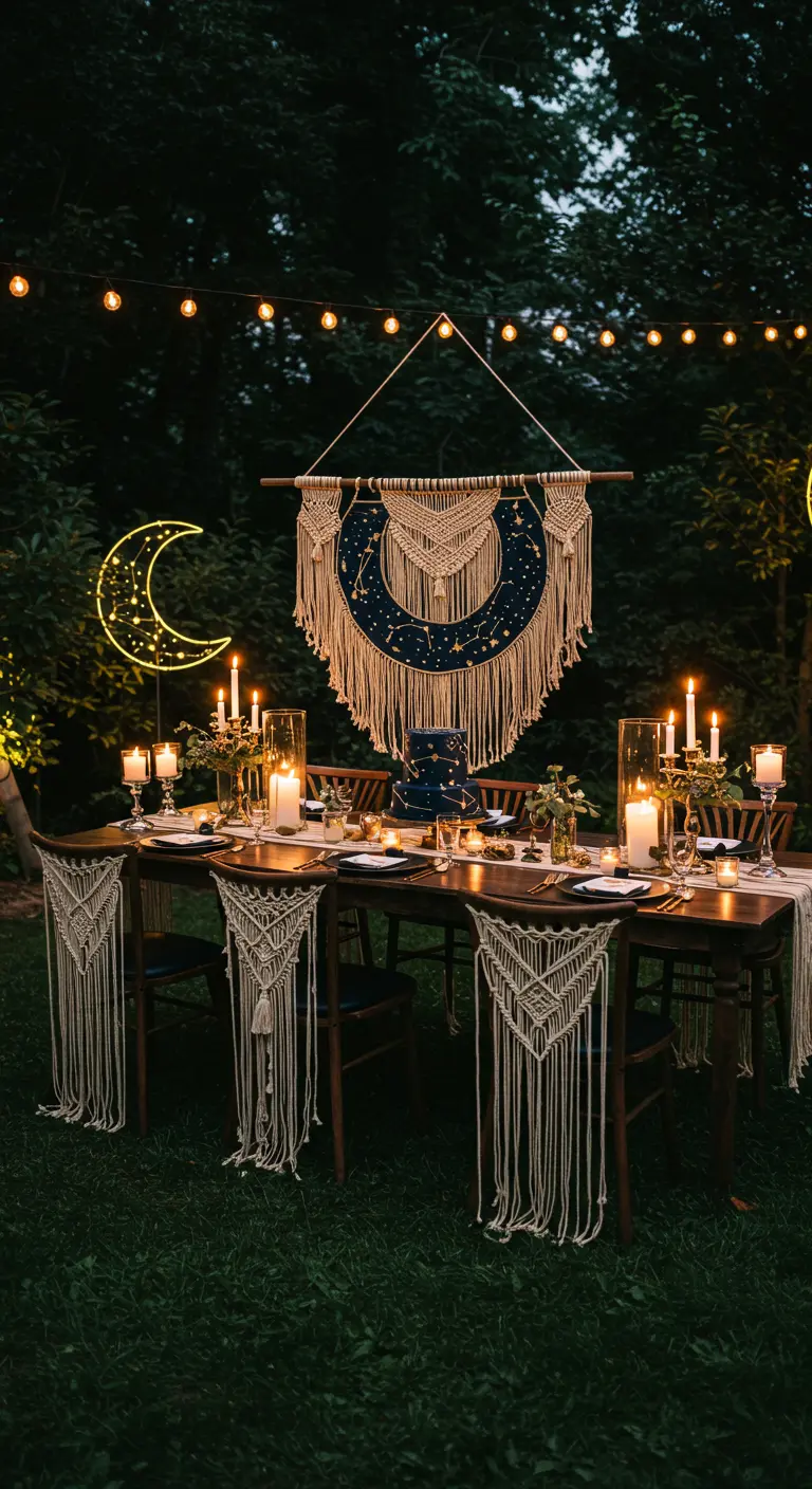 Cena de cumpleaños nocturna con decoración celestial de macramé y luces de neón.