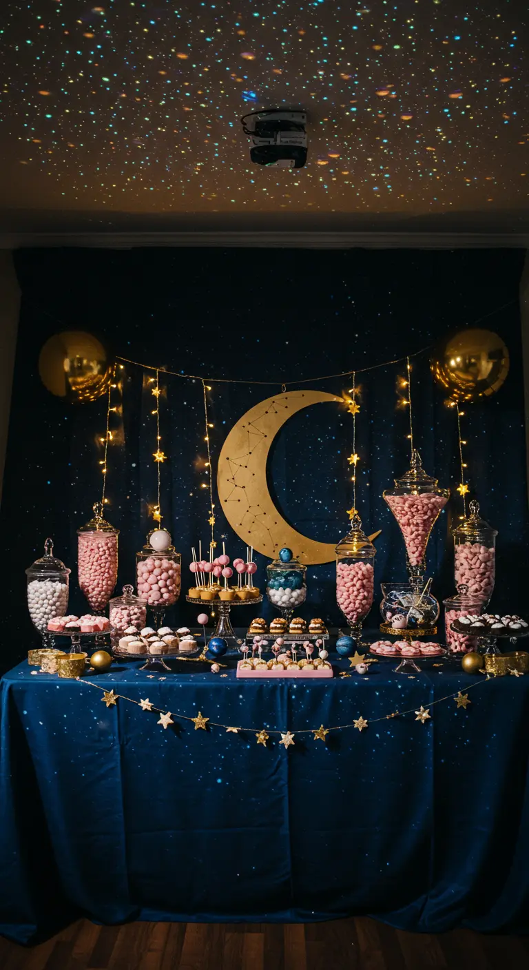 Candy bar con temática celestial, mantel azul oscuro, luna dorada y luces de estrellas.