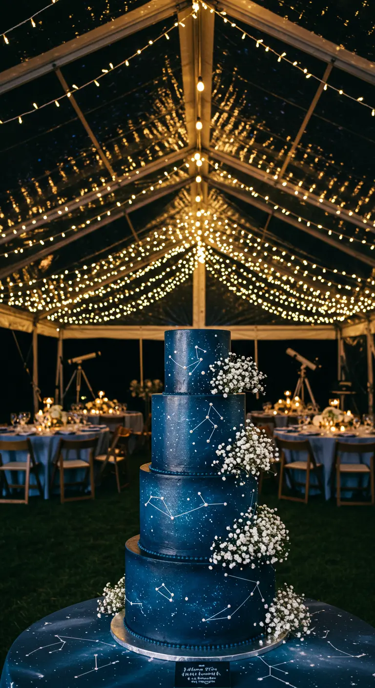 Pastel de bodas azul oscuro con constelaciones pintadas y paniculata.