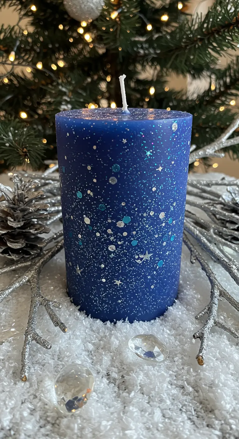 Vela azul oscuro con purpurina plateada y blanca que simula un cielo estrellado.