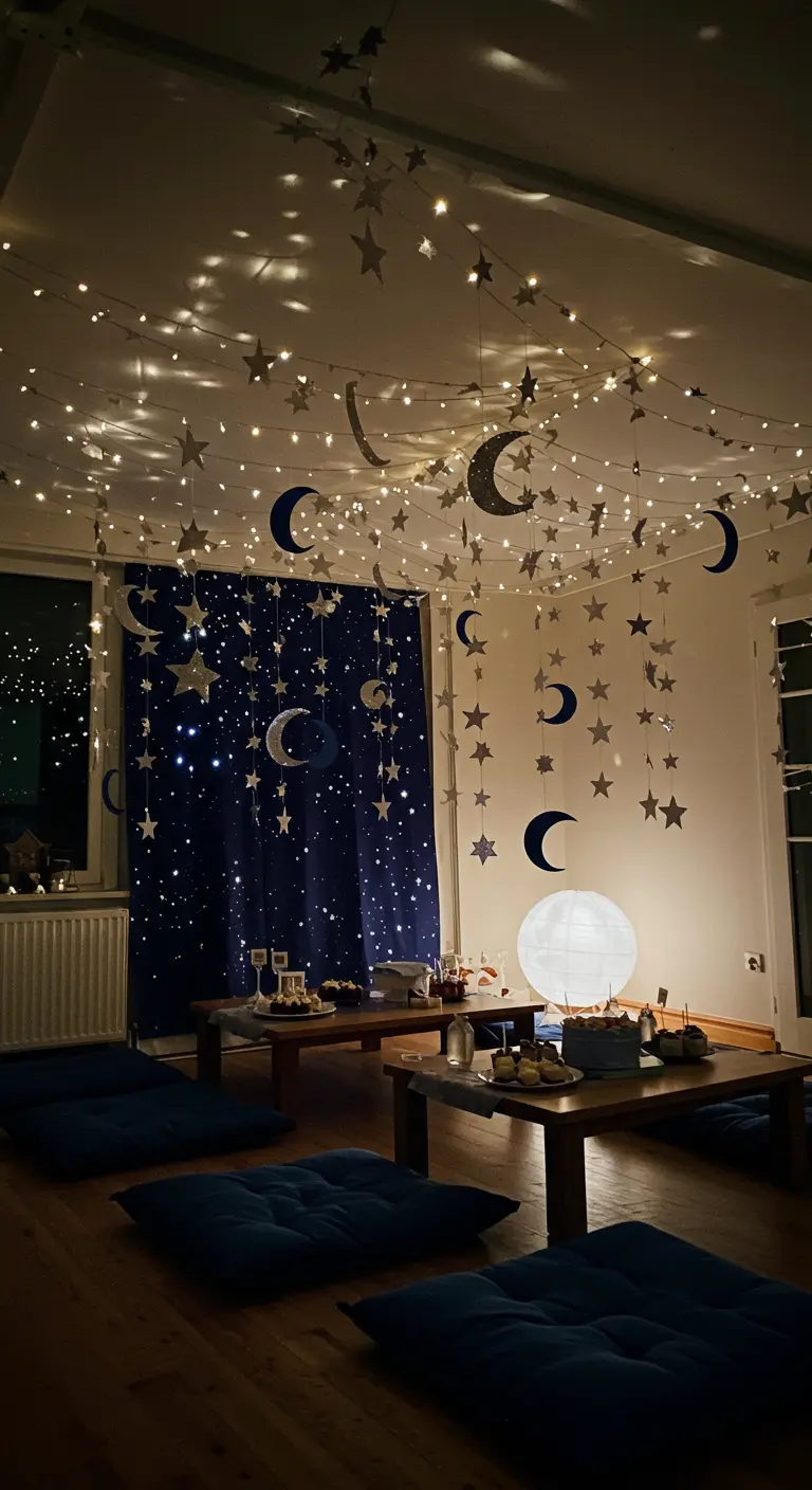 Habitación decorada con guirnaldas de estrellas y lunas de papel y luces blancas.
