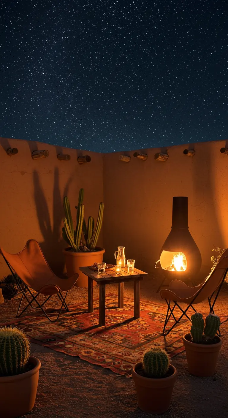 Patio de adobe por la noche con una chimenea, sillas de mariposa y un cielo estrellado.