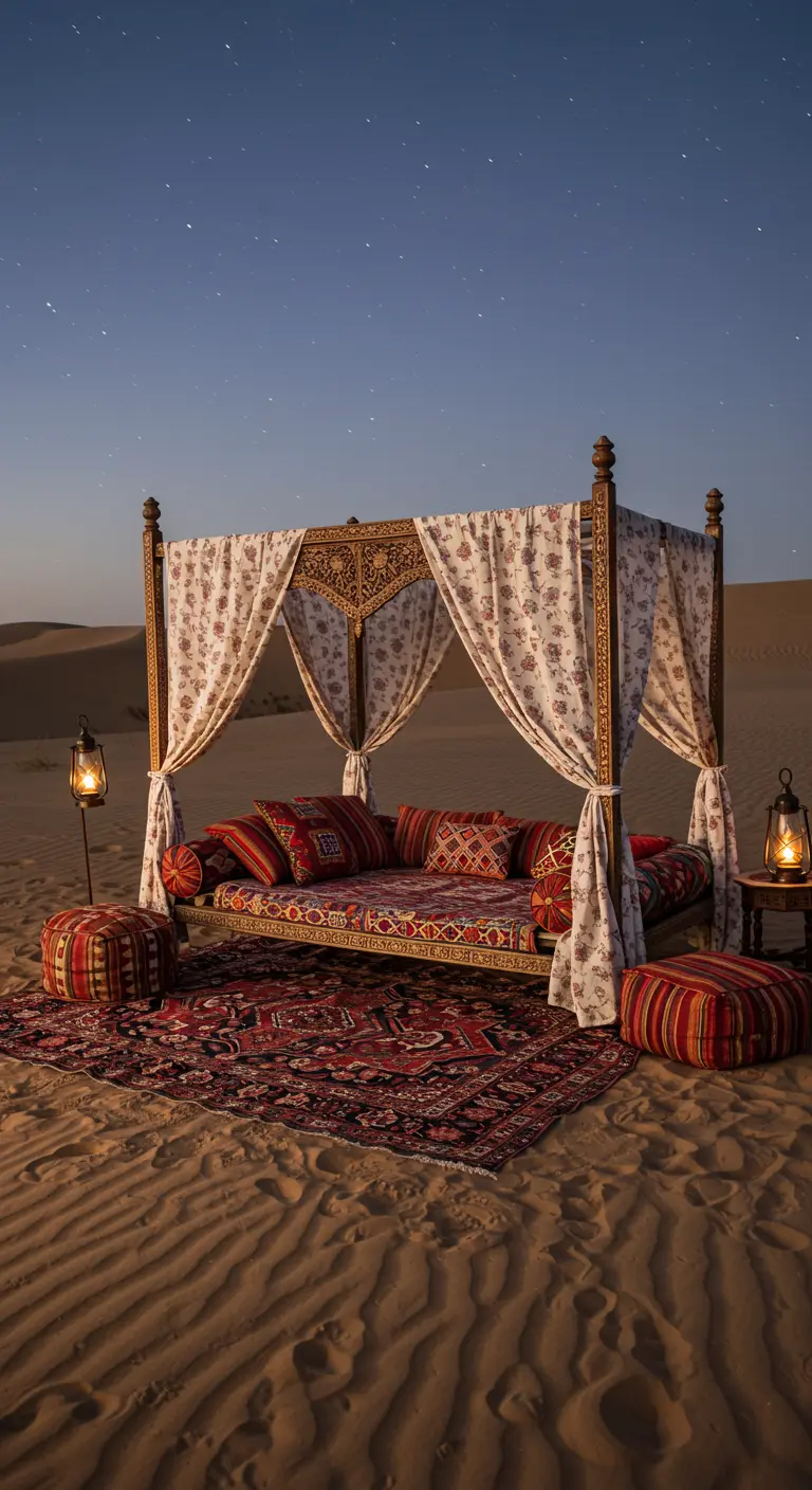 Cama balinesa de estilo árabe con alfombras y cojines étnicos en medio de un desierto por la noche