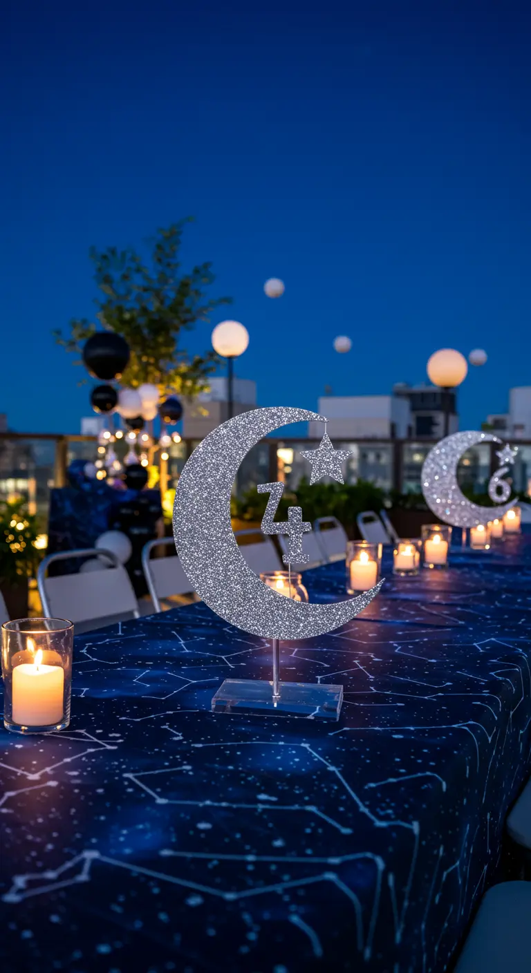 Número de mesa en forma de luna con glitter plateado en una fiesta nocturna en una azotea.