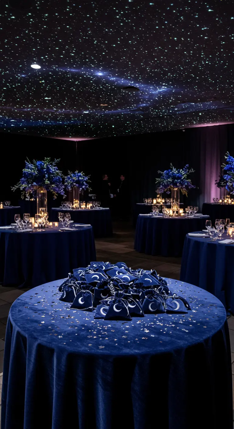 Mesa con mantel de terciopelo azul y bolsitas a juego con lunas crecientes bordadas.