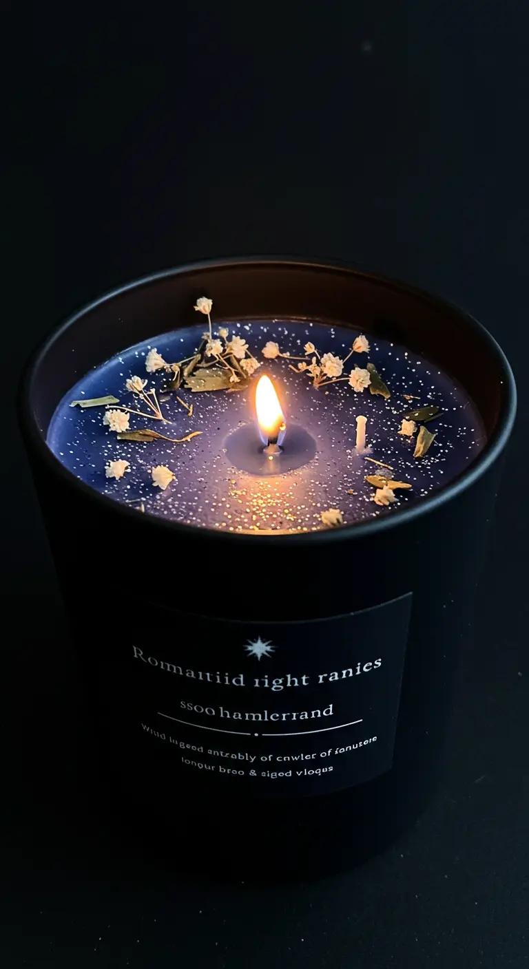 Vela oscura encendida con purpurina y pequeñas flores blancas.