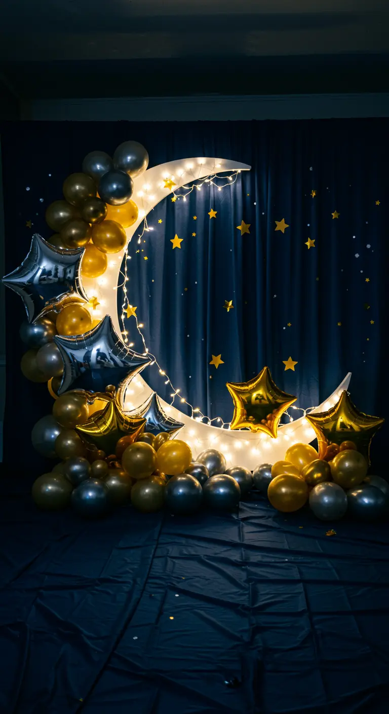 Photocall con una gran luna iluminada rodeada de globos dorados, plateados y estrellas.