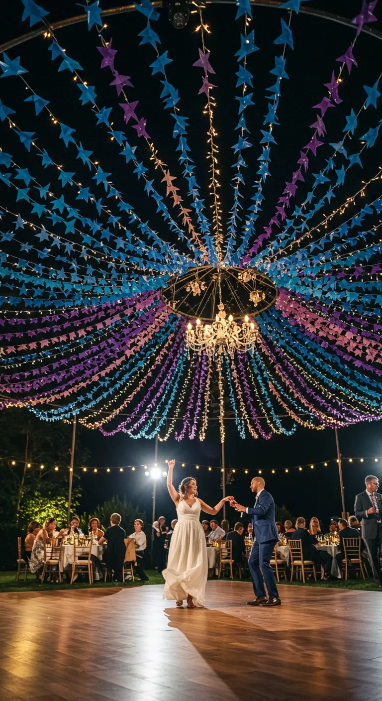 Pareja de novios bailando bajo un techo decorado con guirnaldas de estrellas de papel y luces cálidas.