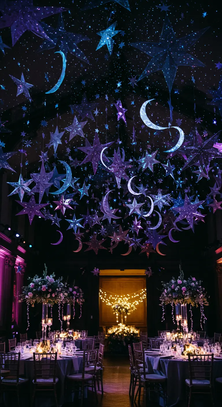 Techo de un salón oscuro cubierto de estrellas y lunas de papel colgantes en tonos morados y azules.