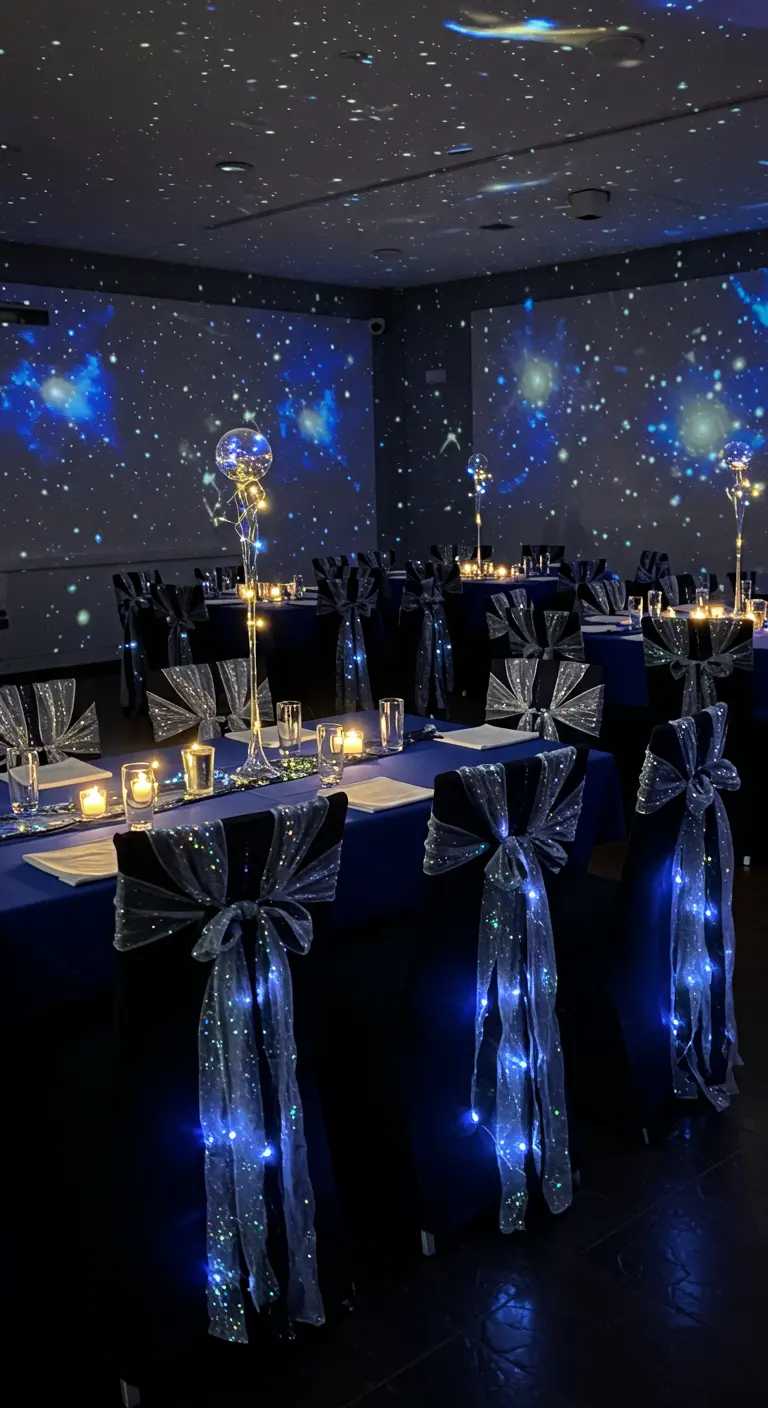 Sillas con fundas negras decoradas con lazos de tul brillante y luces LED azules.