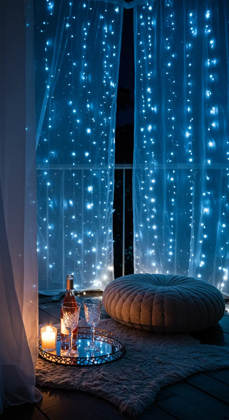 Balcón con cortinas de luces azules, un cojín gigante en el suelo, velas y una bandeja de espejo.