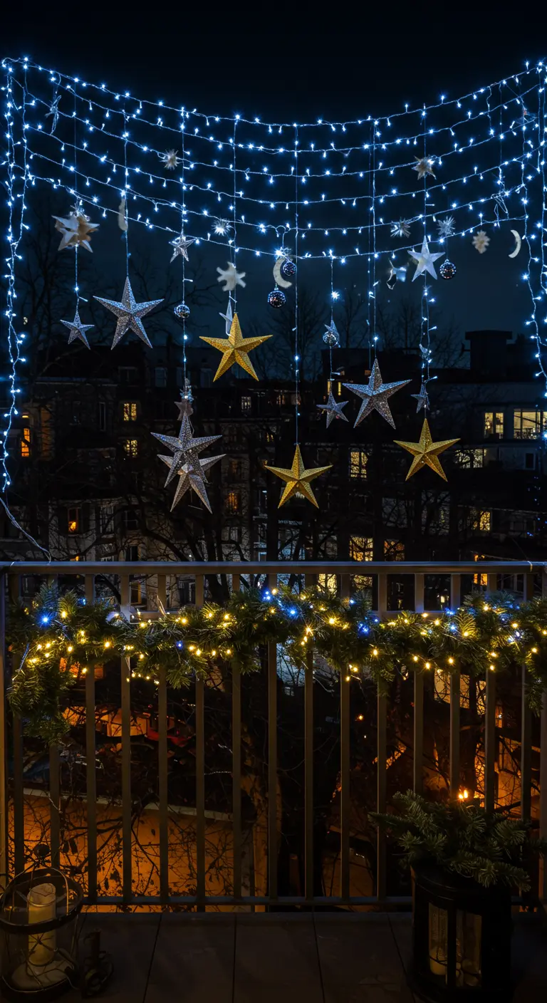 Balcón con cortina de luces azules y estrellas colgantes sobre una guirnalda iluminada.