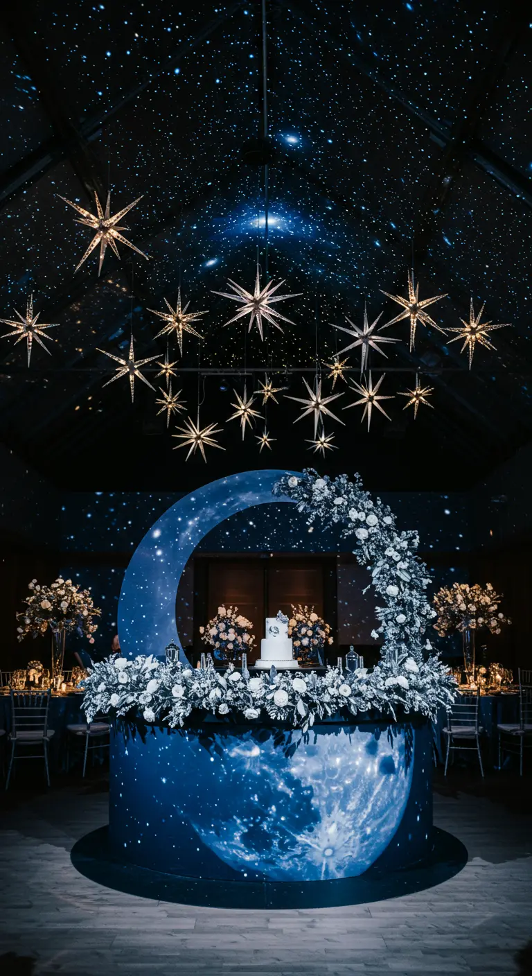 Barra en forma de luna con un fondo de cielo estrellado, decorada con flores blancas y estrellas colgantes.