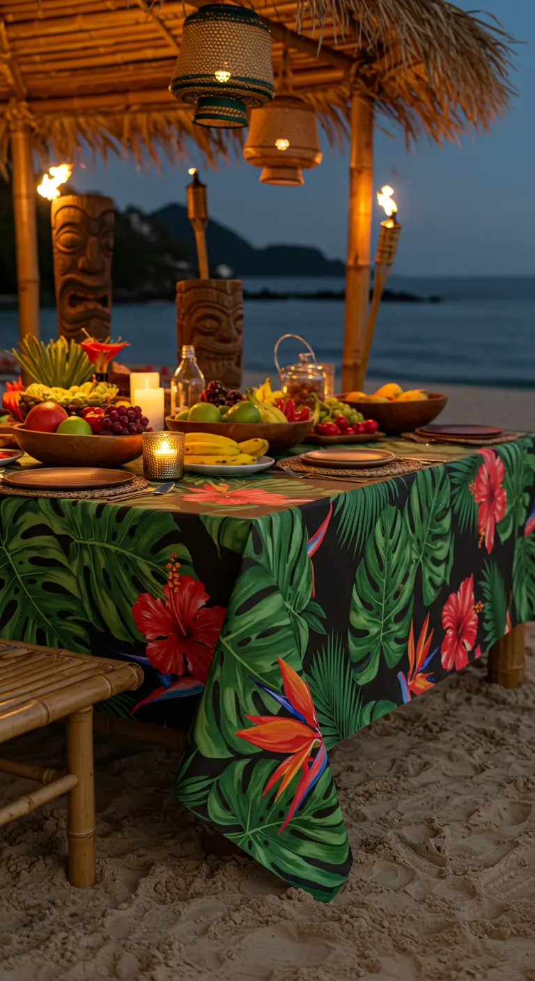Mantel negro con hojas tropicales verdes y flores de hibisco rojas en una playa por la noche.