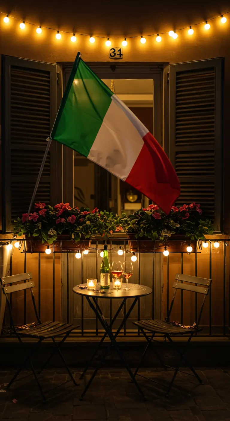 Balcón romántico con una bandera de Italia, luces de verbena y una mesa para dos por la noche.