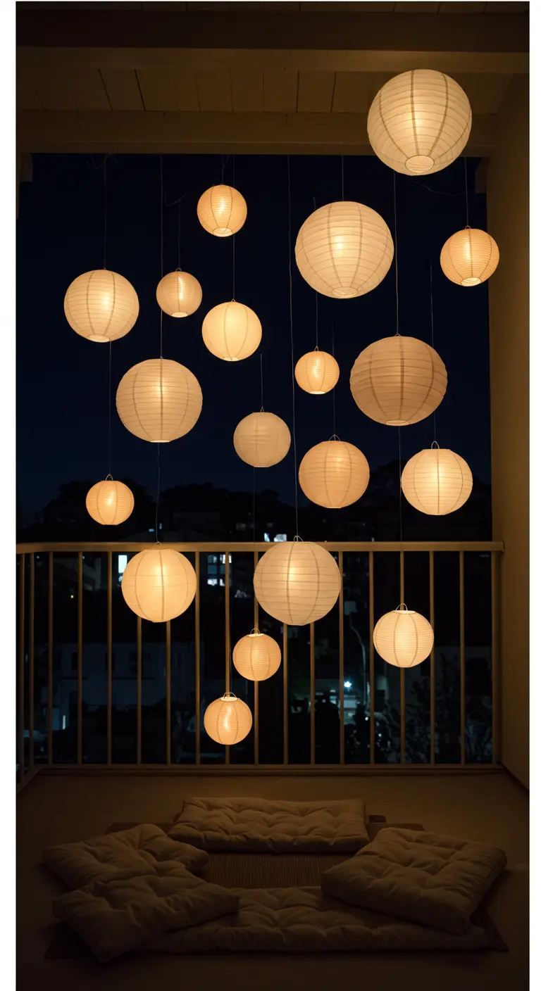 Balcón de estilo japonés con múltiples lámparas de papel colgantes y cojines en el suelo.