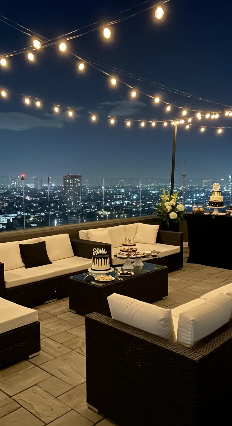 Fiesta en una azotea por la noche con guirnaldas de luces y vistas a la ciudad.