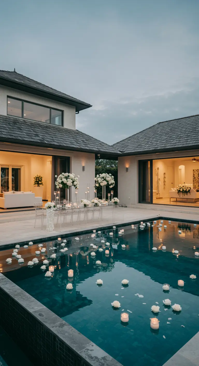 Piscina por la noche con docenas de velas flotantes y rosas blancas.