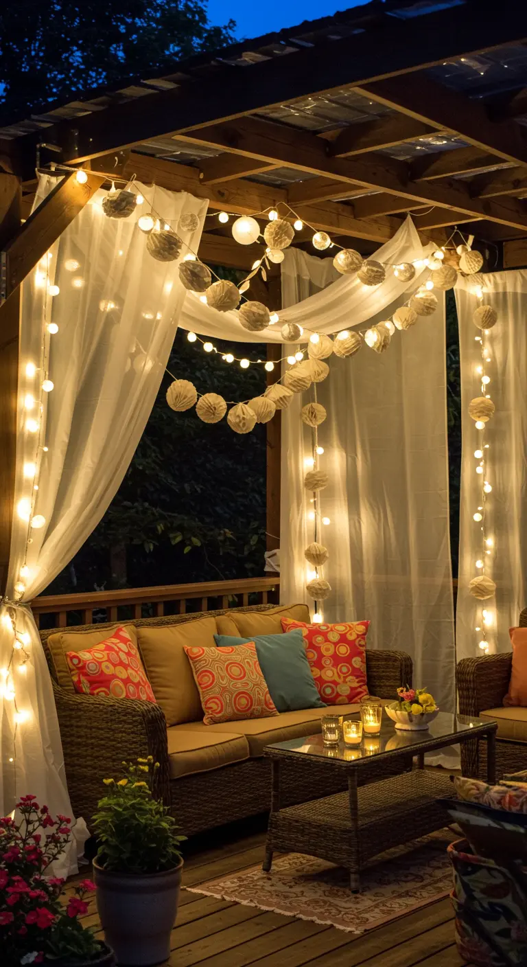Porche acogedor decorado con cortinas blancas, luces cálidas y guirnaldas de pompones de papel.