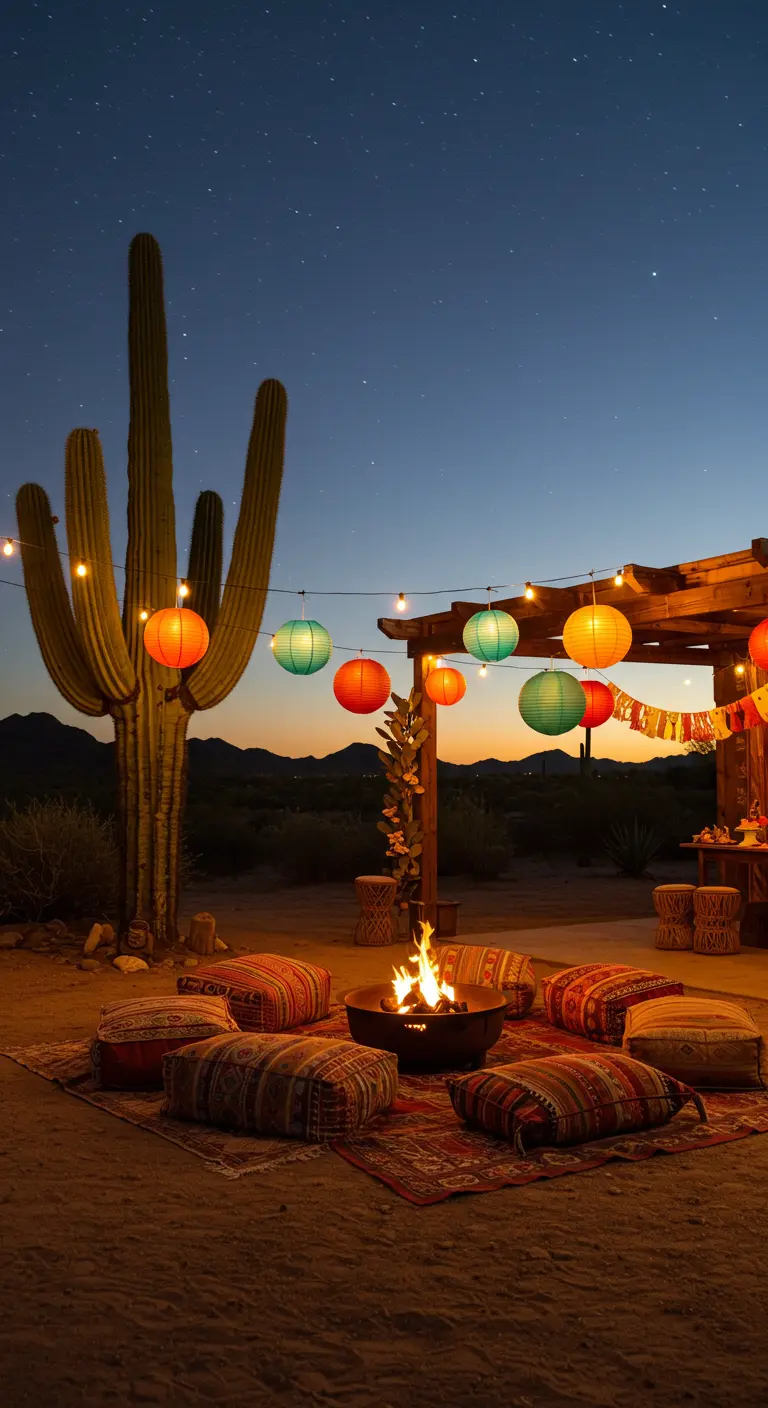 Fiesta en el desierto con hoguera, cojines y lámparas de papel de colores colgando.
