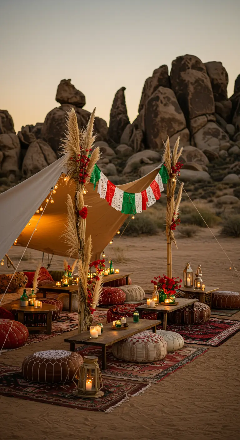 Acampada bohemia en el desierto con una guirnalda de bandera italiana y luces cálidas.