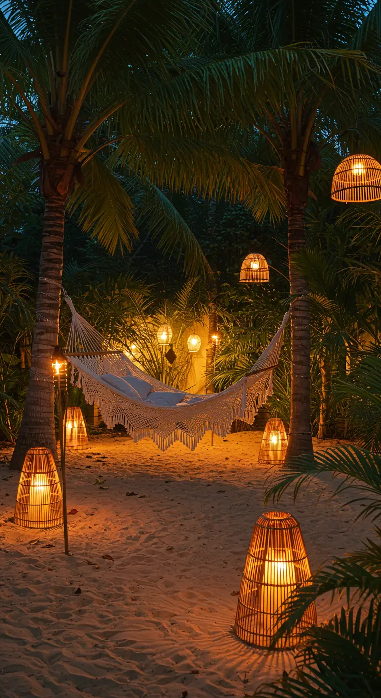 Hamaca de macramé entre palmeras con lámparas de ratán en la arena.