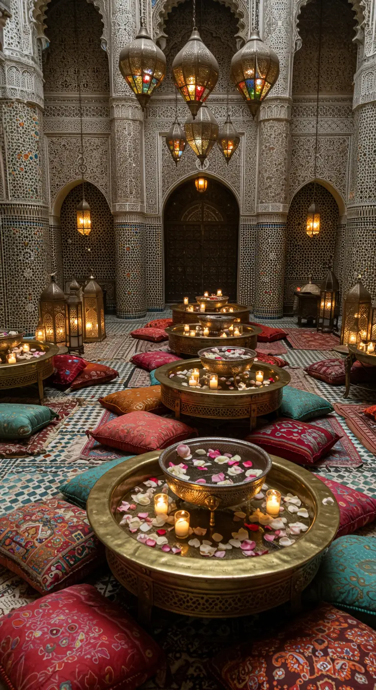 Fiesta de estilo marroquí con mesas bajas de latón, cojines de colores y velas.