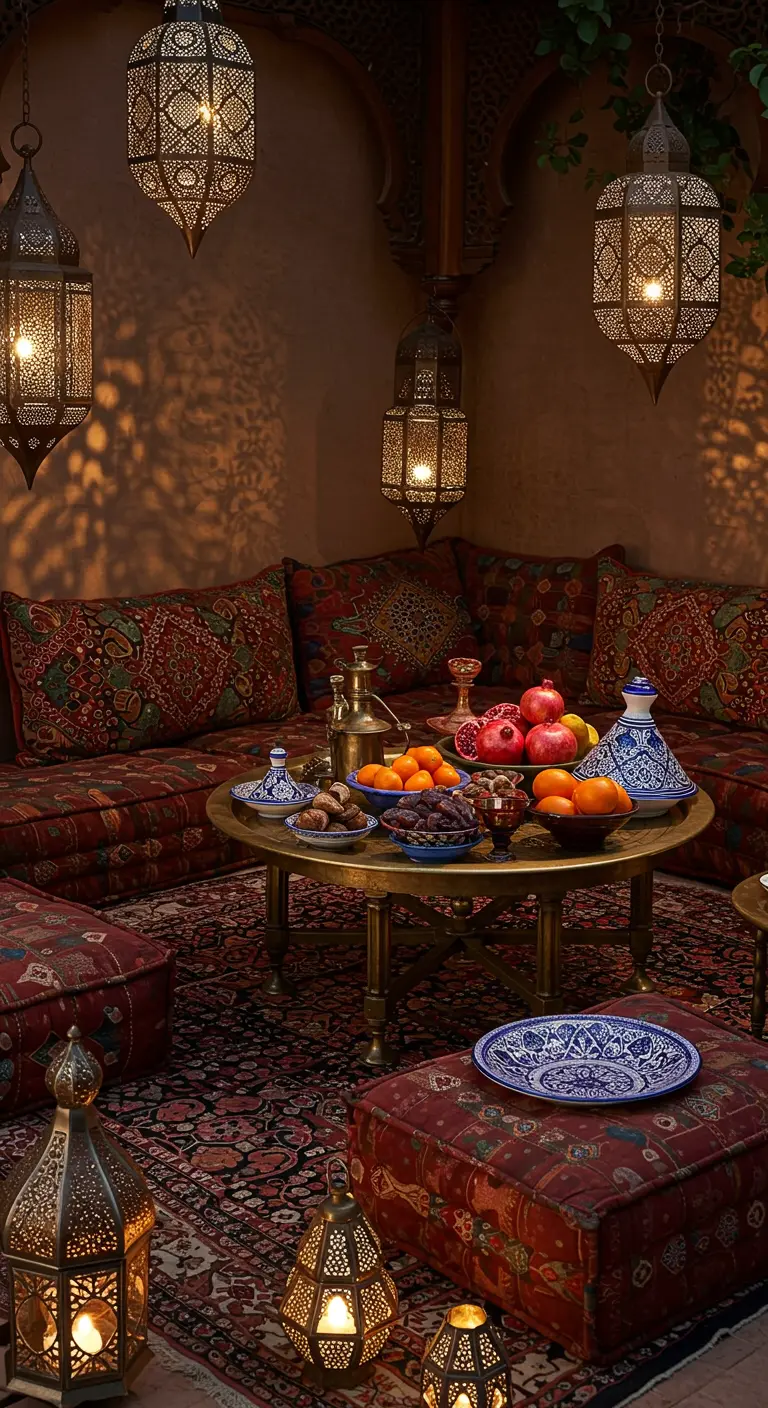 Salón de estilo marroquí con farolillos, cojines y una mesa baja con granadas y dátiles.