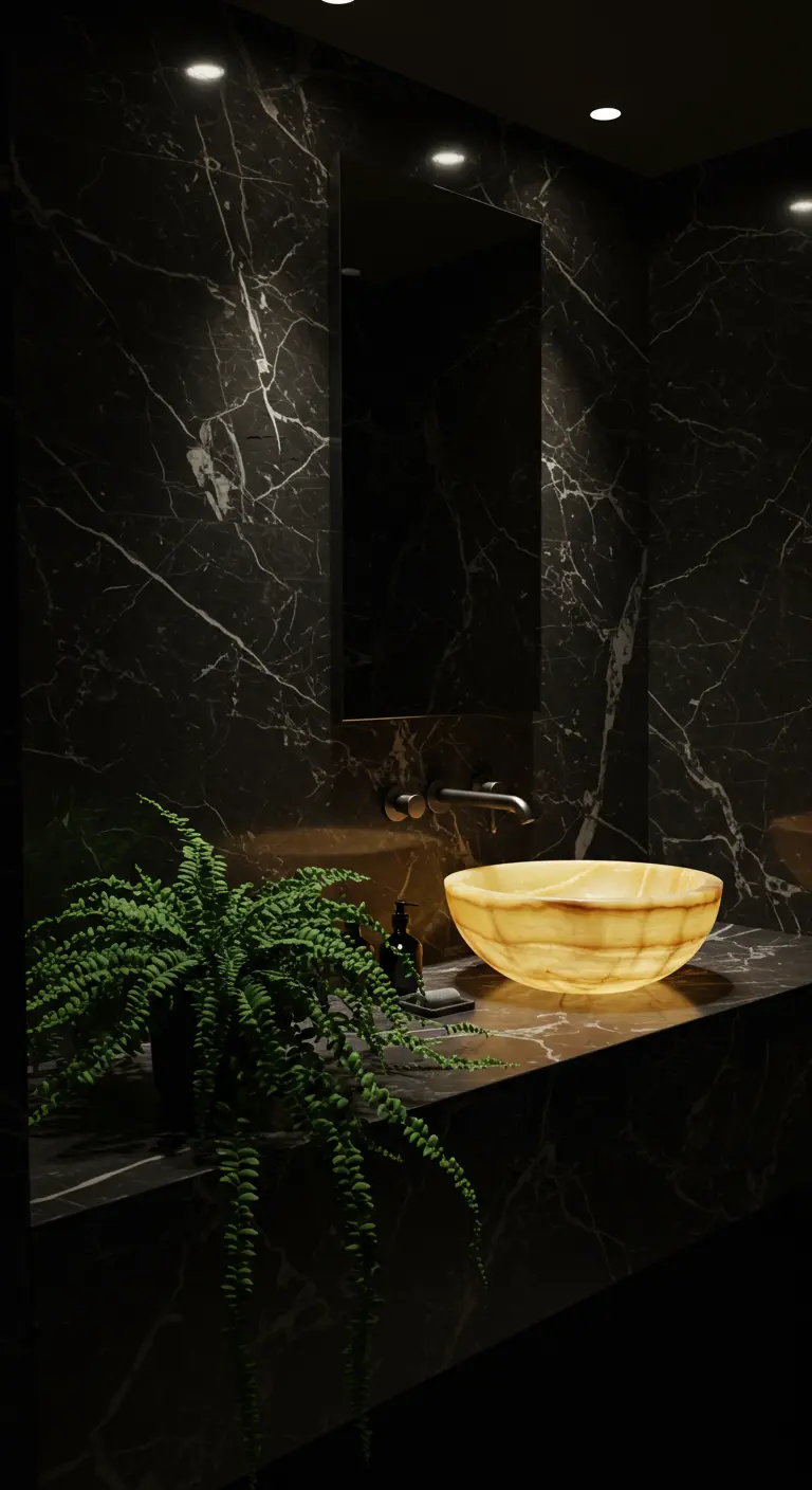 Baño oscuro de mármol negro con un lavabo de ónix iluminado desde abajo y un helecho.