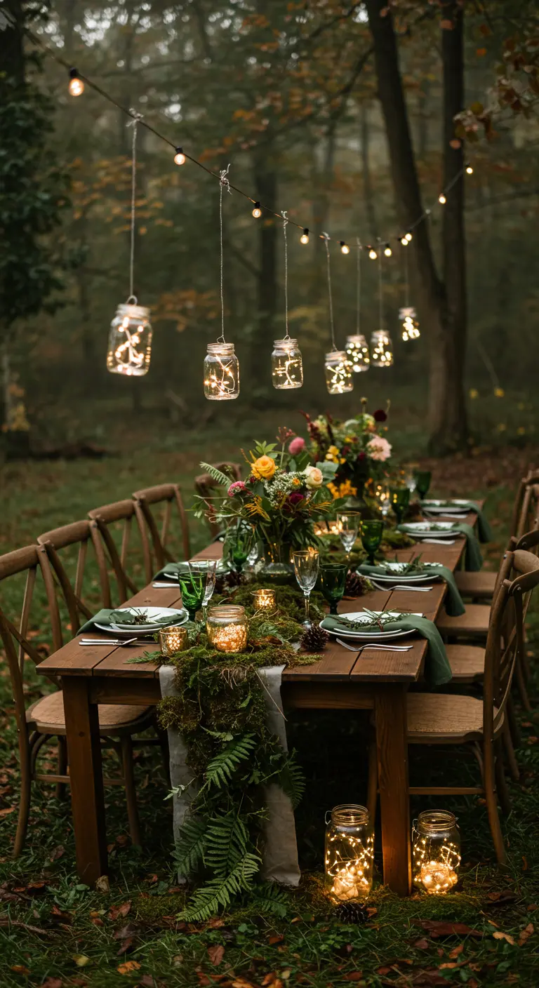 Mesa de comedor en el bosque de noche con frascos de luces LED colgando de los árboles.