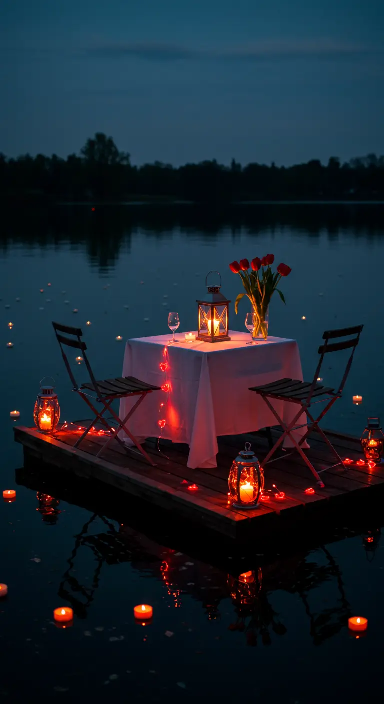 Mesa para dos en una balsa flotante en un lago, rodeada de velas flotantes.
