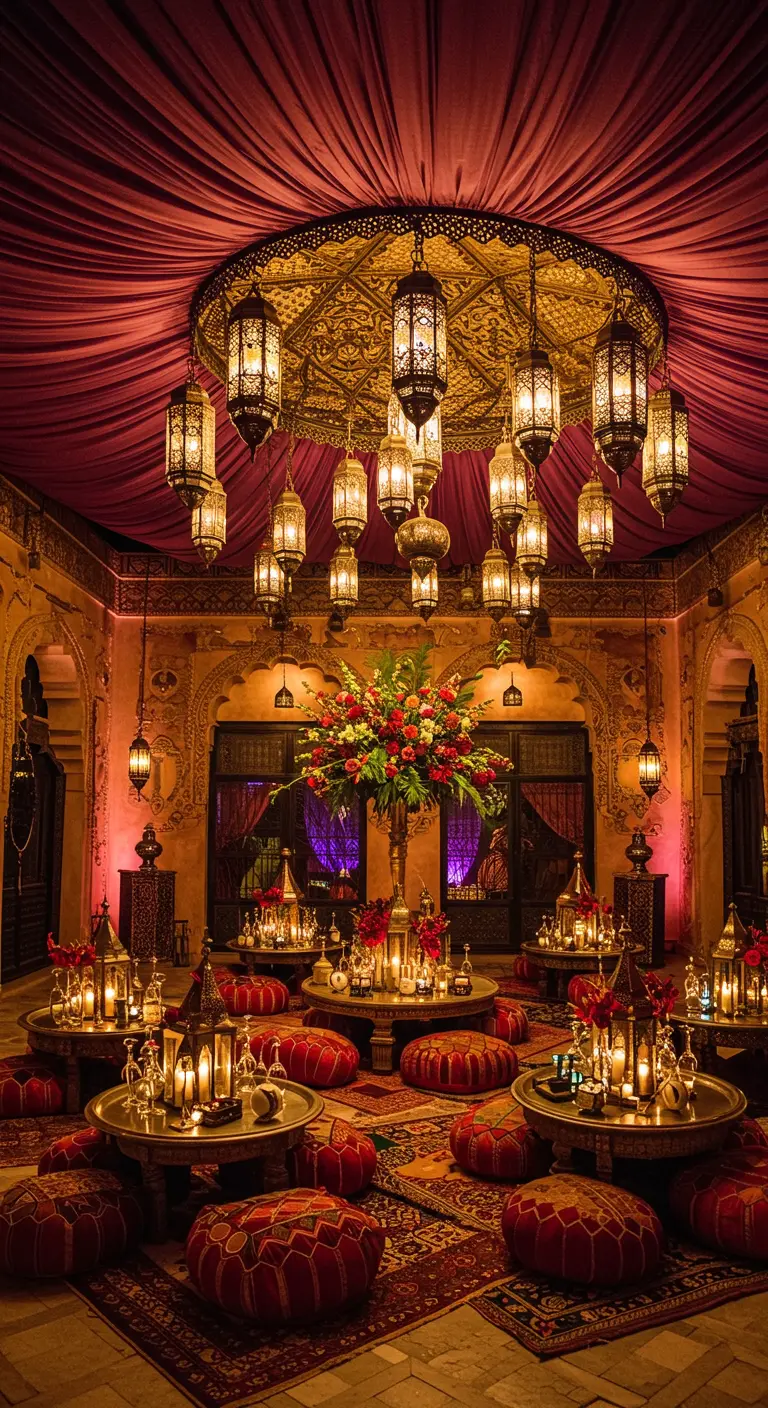 Recepción de boda con temática marroquí, con un techo de tela y docenas de faroles colgantes.
